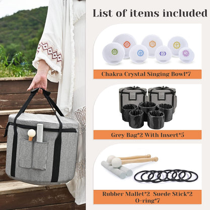 CVNC 432HZ 6-12 Inch Set Of 7 PCS Frosted Chakra Quartz Crystal Singing Bowls for Sound Healing with 2 PCS Travel Carry Case Bag