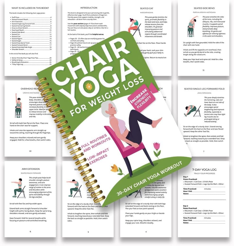 Chair Yoga for Seniors Over 60 Book & Chart, Chair Yoga for Weight Loss & Toning, 30-Day Challenge, Exercise Book for Seniors over 60 (Black)