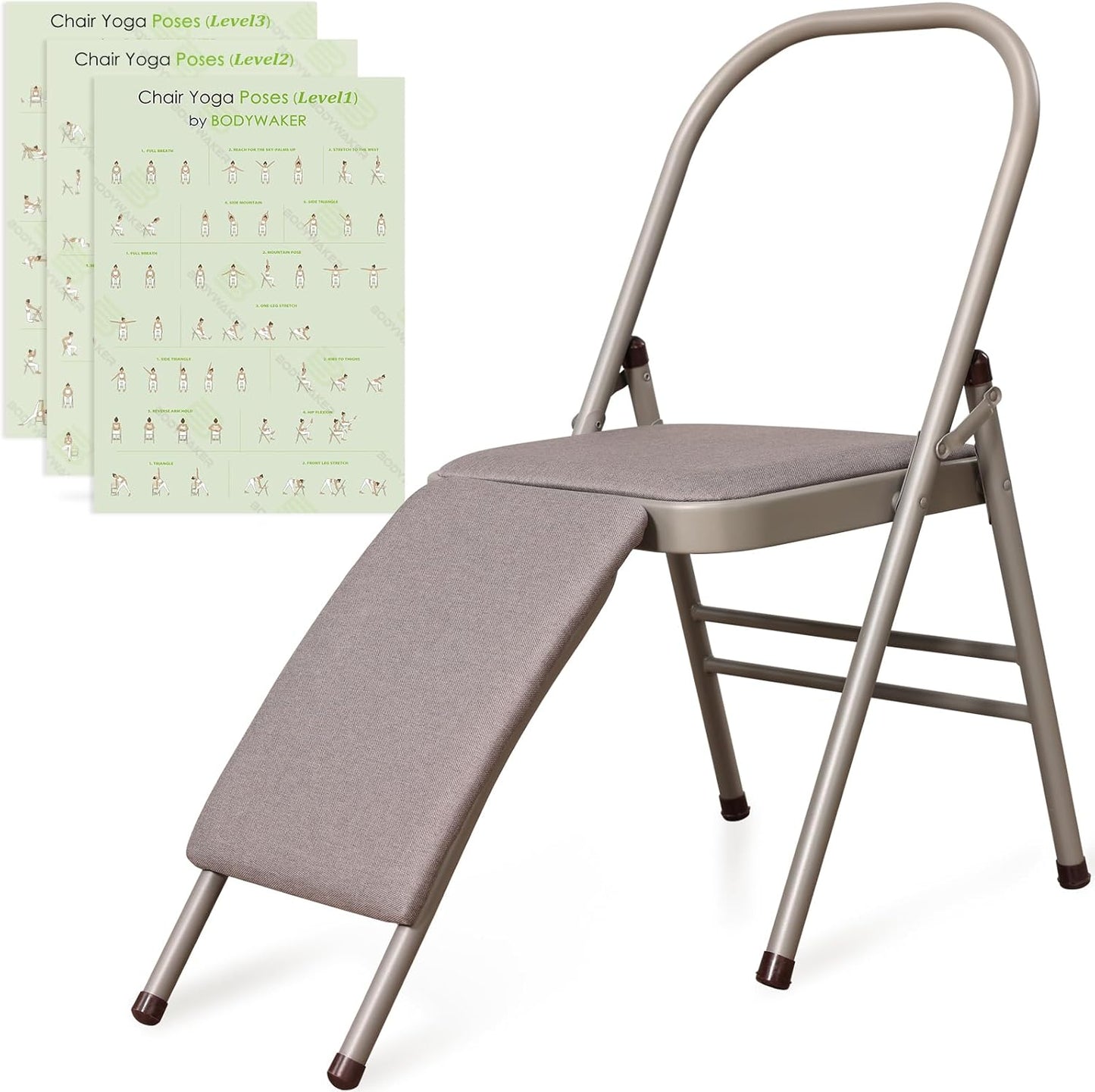 Foldable Yoga Auxiliary Chair with 3 Training Guide Posters for Versatile Exercises, Yoga Assist Handstand Chair with Detachable Lumbar Back Support for Stretching, Balance Training. (Black)