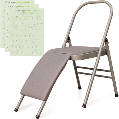 Foldable Yoga Auxiliary Chair with 3 Training Guide Posters for Versatile Exercises, Yoga Assist Handstand Chair with Detachable Lumbar Back Support for Stretching, Balance Training. (Black)