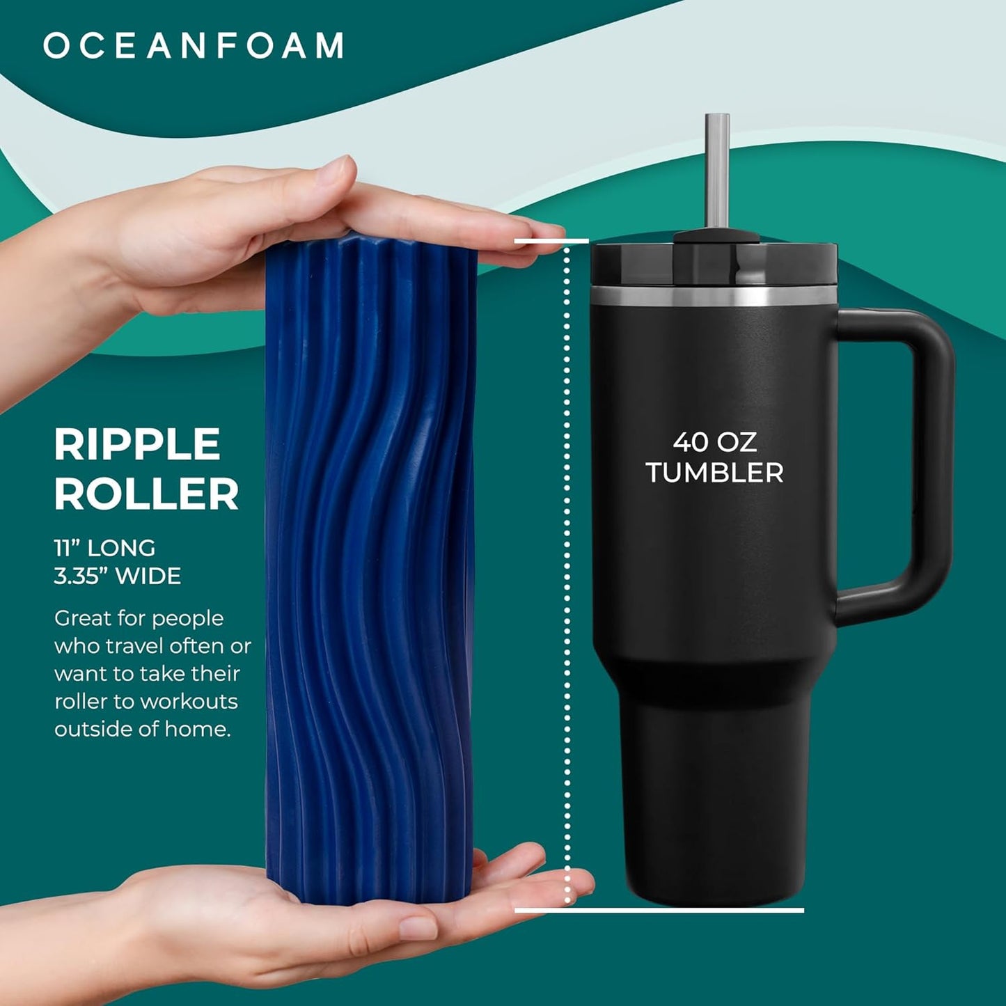 Oceanfoam Ripple Travel Foam Roller (11" x 3.35") Firm Mini Foam Roller for Physical Therapy, Deep Tissue Massage, Back Pain - High Density, Ergonomic Wave Textured - Yoga, Pilates, Exercise (Natural) - Colors B