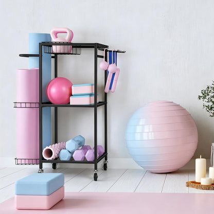Workout Equipment Storage Rack Metal Yoga Mat Storage Rack, Weight Cart Home Gym Storage Rack with Wheels for Dumbbells, Yoga Mats, Kettlebells, Foam Rollers