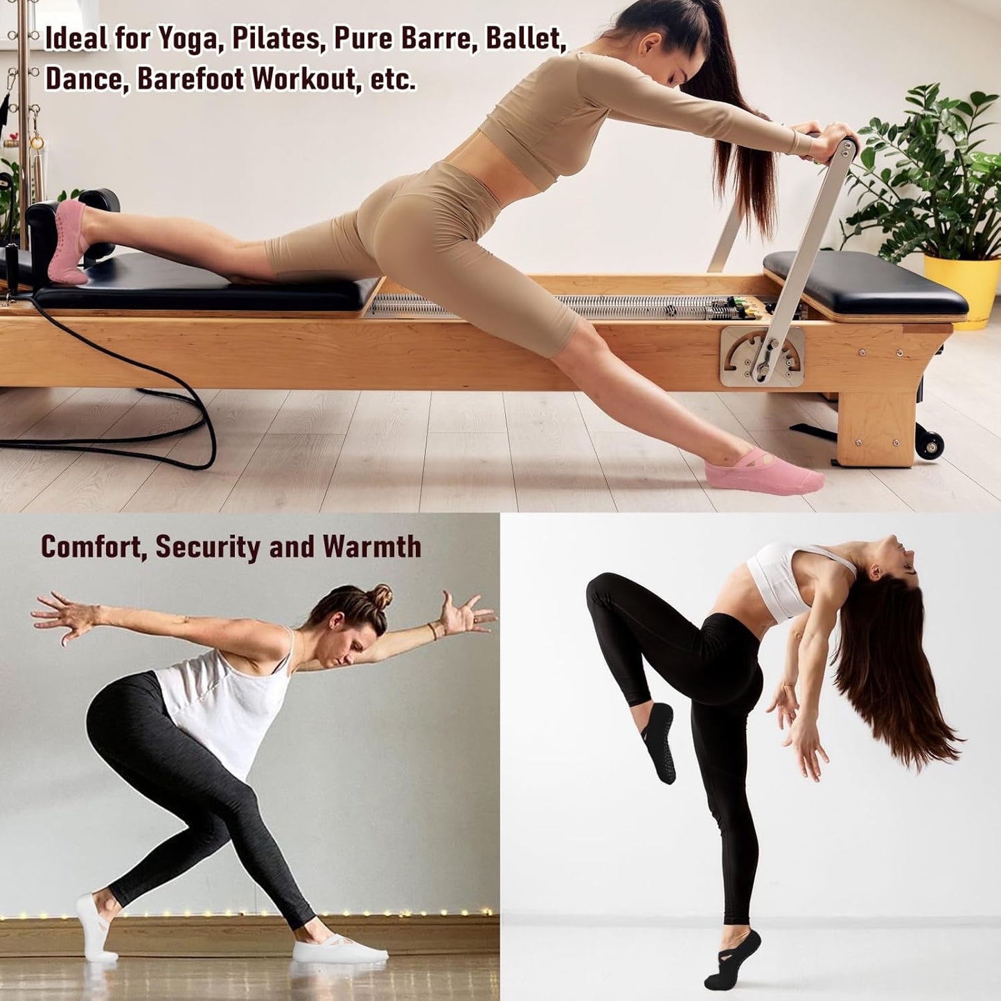 yeuG Pilates Socks for Women Non Slip Grip Socks for Yoga, Barre, Hospital, Barefoot Grippy Yoga Sock Womens Gifts 4 Pairs