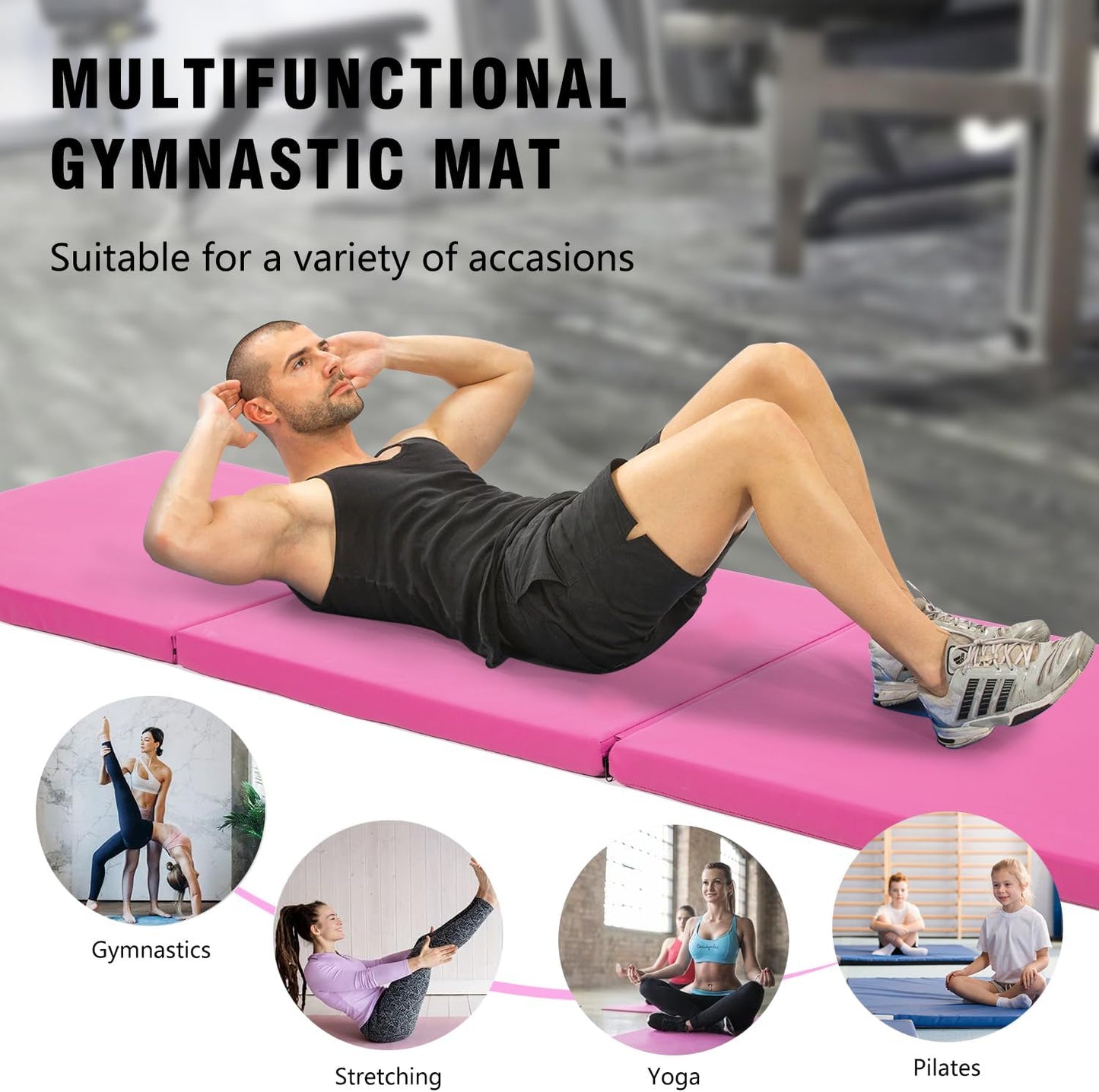 Gymnastics Tumbling Mat Portable Gymnastics Mat Foldable Tumbling Mat 2ft W 6ft L/4ft W 6ft L/4ft W 8ft L/4ft W 10ft Exercise Mat Yoga Mat with Carrying Handles for Yoga Gymnastics