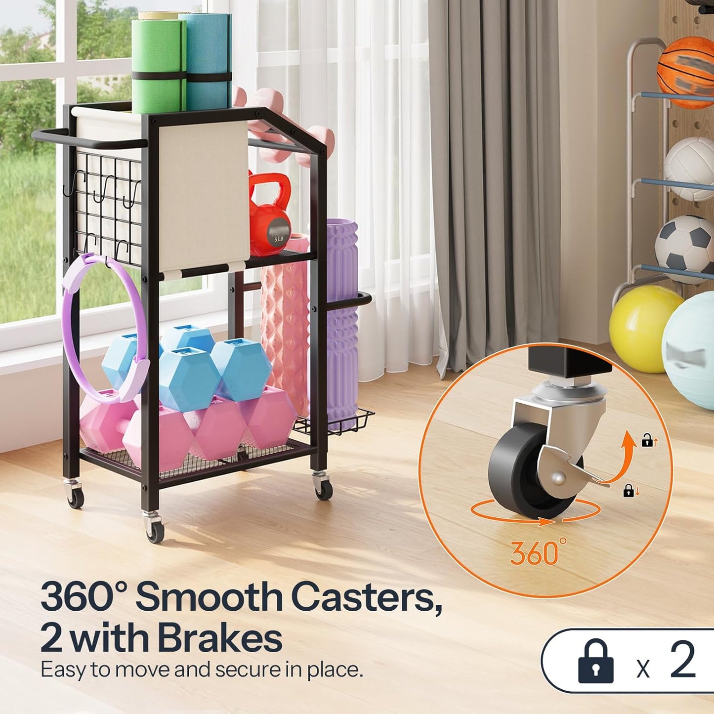 HOOBRO Dumbbell Rack, Weight Rack for Dumbbells, Yoga Mat Storage Rack, Home Gym Storage Rack for Dumbbells Kettlebells Foam Roller, Workout Storage Organizer with Wheels & Hooks, Black BE85CJ01N1