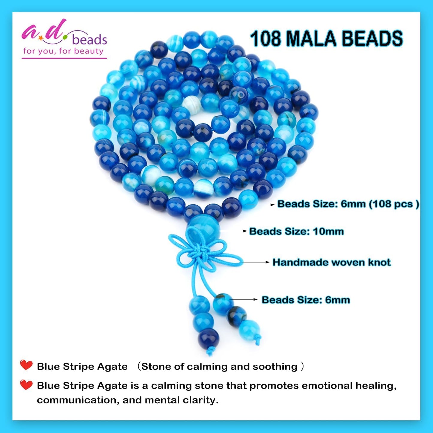 AD Beads 6mm 8mm 108 Prayer Mala Jasper Elastic Bracelet - Handmade Yoga Meditation Healing Power Energy Gifts for Unisex Adult.