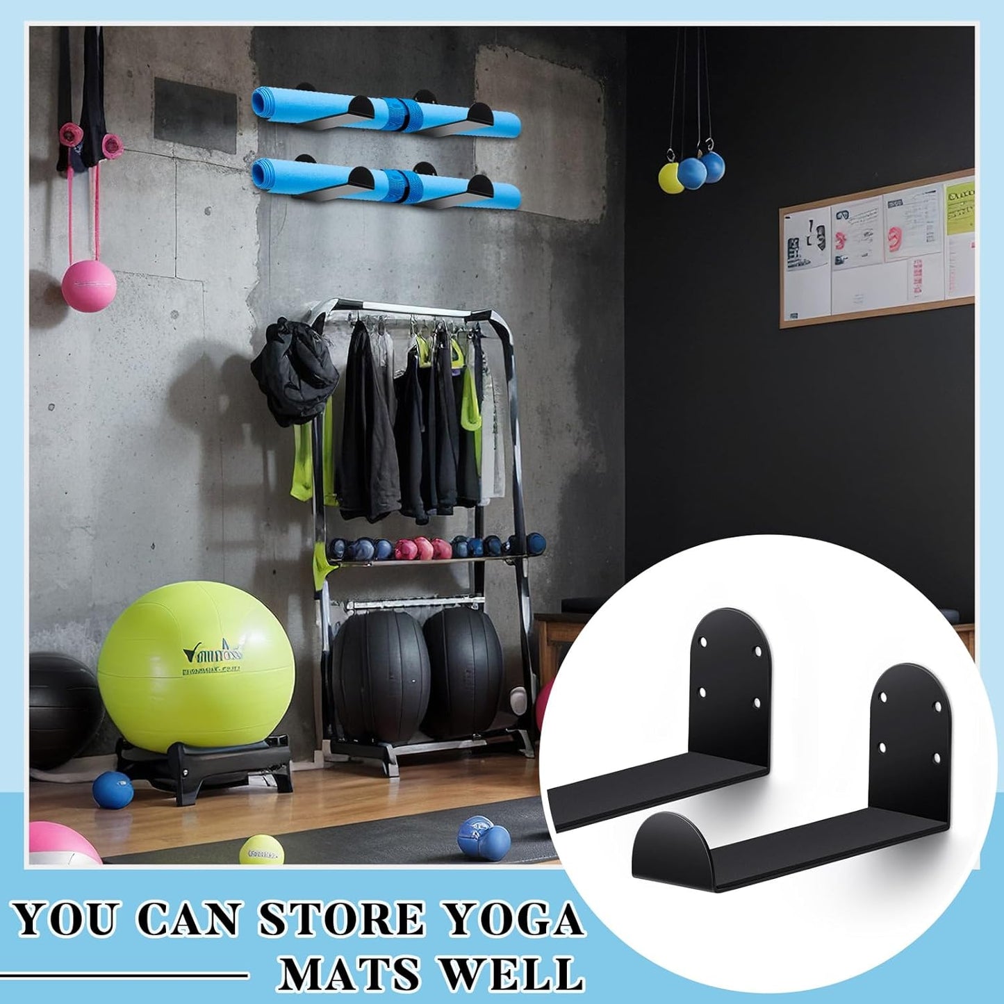 Yaocom 4 Pcs Yoga Mat Storage Rack Wall Mount Holder Exercise Mat Hanger Foam Roller Wall Hooks Gym Organizer for Hanging Fitness Bands Yoga Strap Home Gym