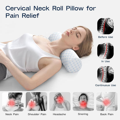 Neck Roll Pillow, Memory Foam Neck Support Pillows, Round Neck Pillows, Cylinder Bolster Pillows for Bed, Couch, and Yoga, Removable Washable Cover,18 * 4.1 * 4.1inch (Cool-Blue)