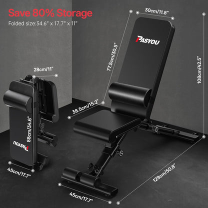 PASYOU Adjustable Weight Bench for Home Gym, Foldable Workout Benches with 660LBS, Exercise Bench for Incline Decline Flat Bench Press, Foldable Strength Bench for Daily Training