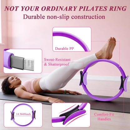 Pilates Ring and Small Ball Set for Women with 5 Resistance Bands, 14 inch Magic Circle Home Workout Essentials Starter Kit for Beginners, Yoga Sets for Full Body Toning Shape