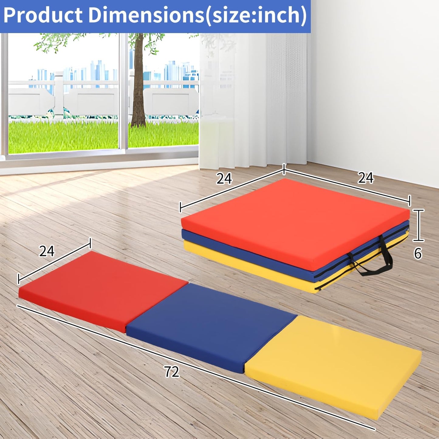 BLKMTY Gymnastics Mats - 2'x6' Folding Exercise & Yoga Mat with Carrying Handles for Kids' Tumbling & Home Gym