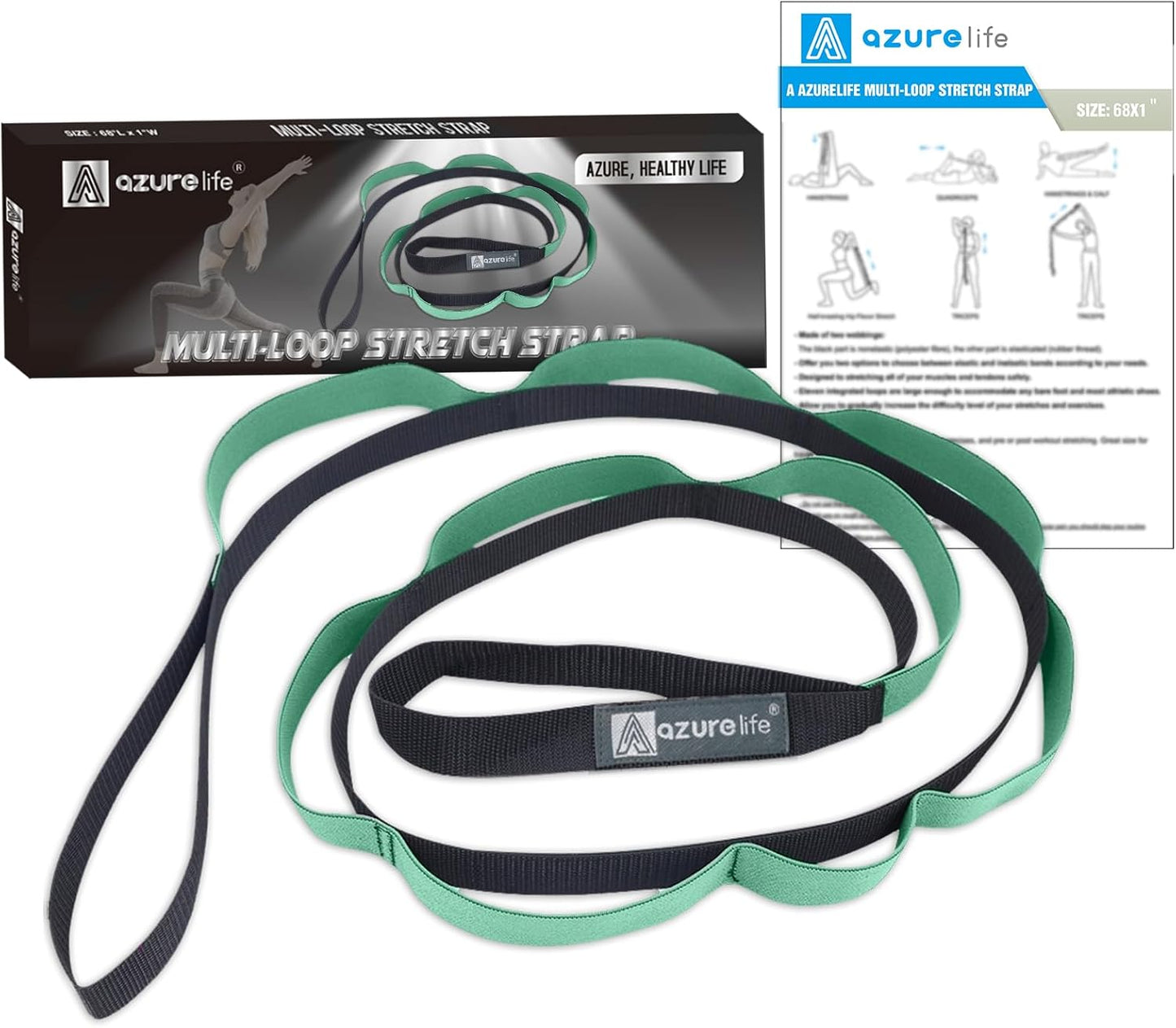 A AZURELIFE Half-Elastic Stretch Straps with 11 Loops, Stretching Strap for Physical Therapy, Multi-Loop Yoga Strap Fitness Exercise Strap for Yoga, Pilates, Dance, Flexibility&Exercise