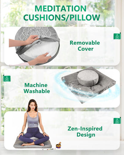 Hihealer Meditation Cushion, Traditional Tibetan Meditation Pillow Velvet Cover - Large Floor Cushion Seating for Adults - Yoga Buckwheat Bolster for Women、Moms