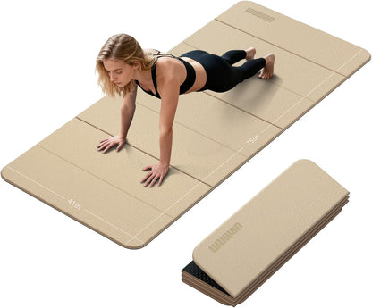 Foldable Yoga Mat Thick 10mm-WUWAN Extra Large Exercise Mat, TPE Material, Non-Slip Fitness Folding Mat Easy to Carry, Suitable for Home Workout Travel Pilates (75" x40",2/5") (Blue)