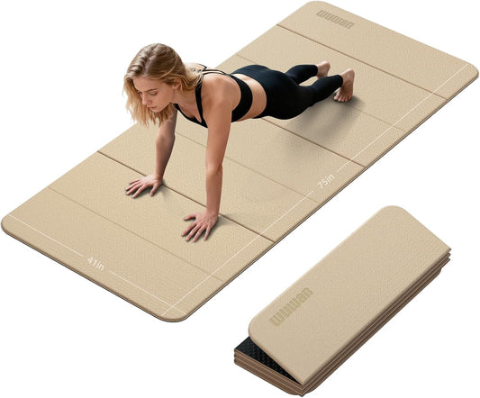 Foldable Yoga Mat Thick 10mm-WUWAN Extra Large Exercise Mat, TPE Material, Non-Slip Fitness Folding Mat Easy to Carry, Suitable for Home Workout Travel Pilates (75" x40",2/5") (Blue)