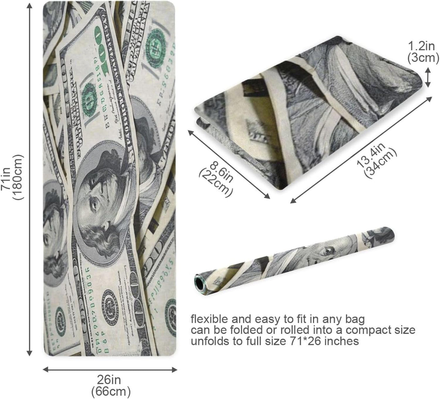 Dollar Cash Rich printed foldable yoga mat for travel For hot yoga, natural rubber non slip, with yoga mat storage tapete para ejercicio 71x26 inches
