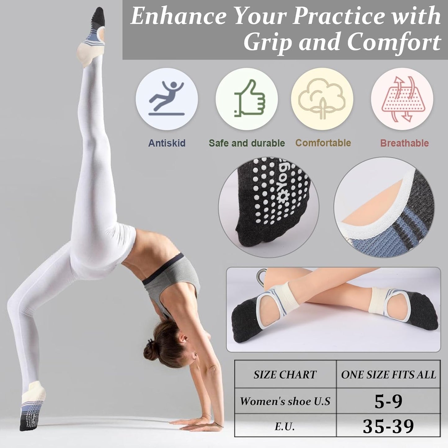 Pilates Socks with Grips for Women,Yoga Socks, Non-Slip Yoga Sock with Toe Separators, Pilates Non Slip Sock
