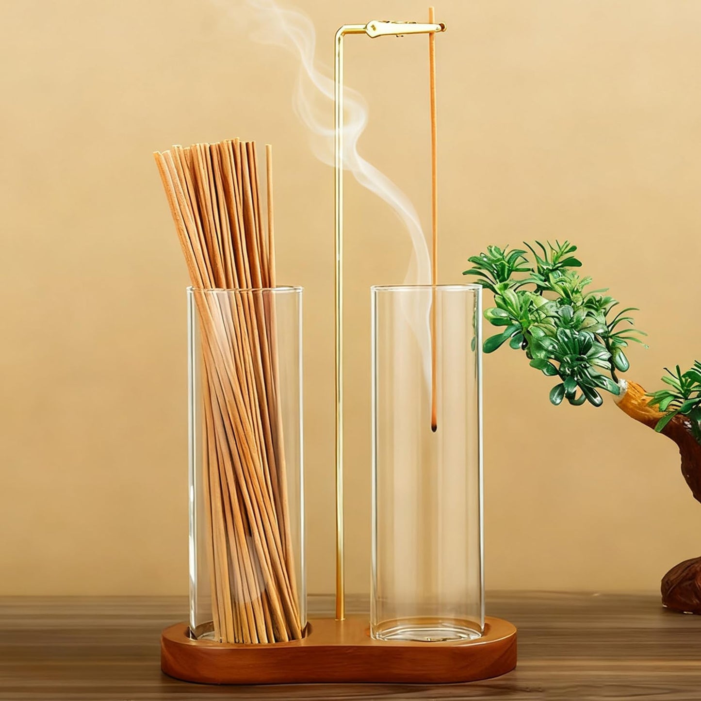 Incense Holder for Sticks 2 in 1 Incense Burner Holder with Storage & Ash Catcher Wooden Base, Glass Vessels, Metal Clip for Meditation, Yoga, Spa, Home & Garden Decor