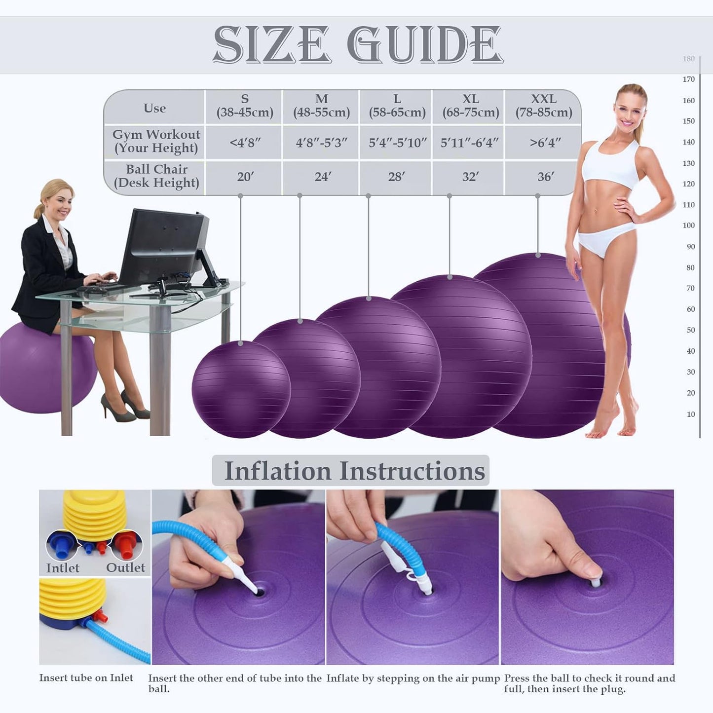 PL-0003 Soft Exercise Ball, Anti-Burst Yoga Ball Chair Supports 2200lbs PL-0003