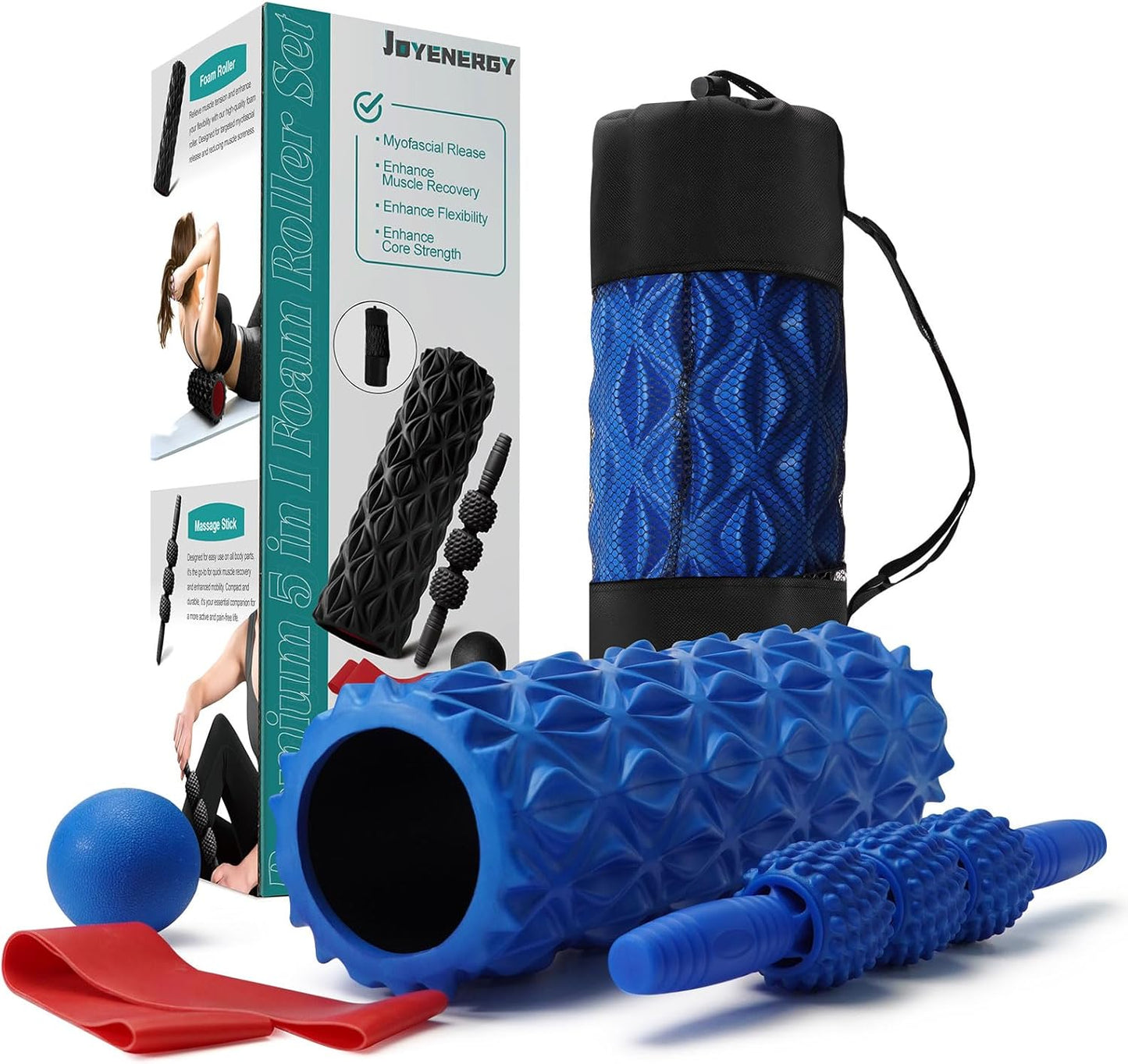 JOYENERGY 5 in 1 Foam Roller Set High Density Foam Roller Patented, Massage Stick, Massage Ball, Resistance Band for Deep Muscle Massage Pilates Yoga, Fitness for Trigger Point Release