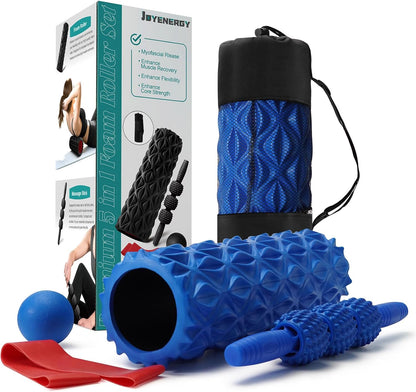 JOYENERGY 5 in 1 Foam Roller Set High Density Foam Roller Patented, Massage Stick, Massage Ball, Resistance Band for Deep Muscle Massage Pilates Yoga, Fitness for Trigger Point Release
