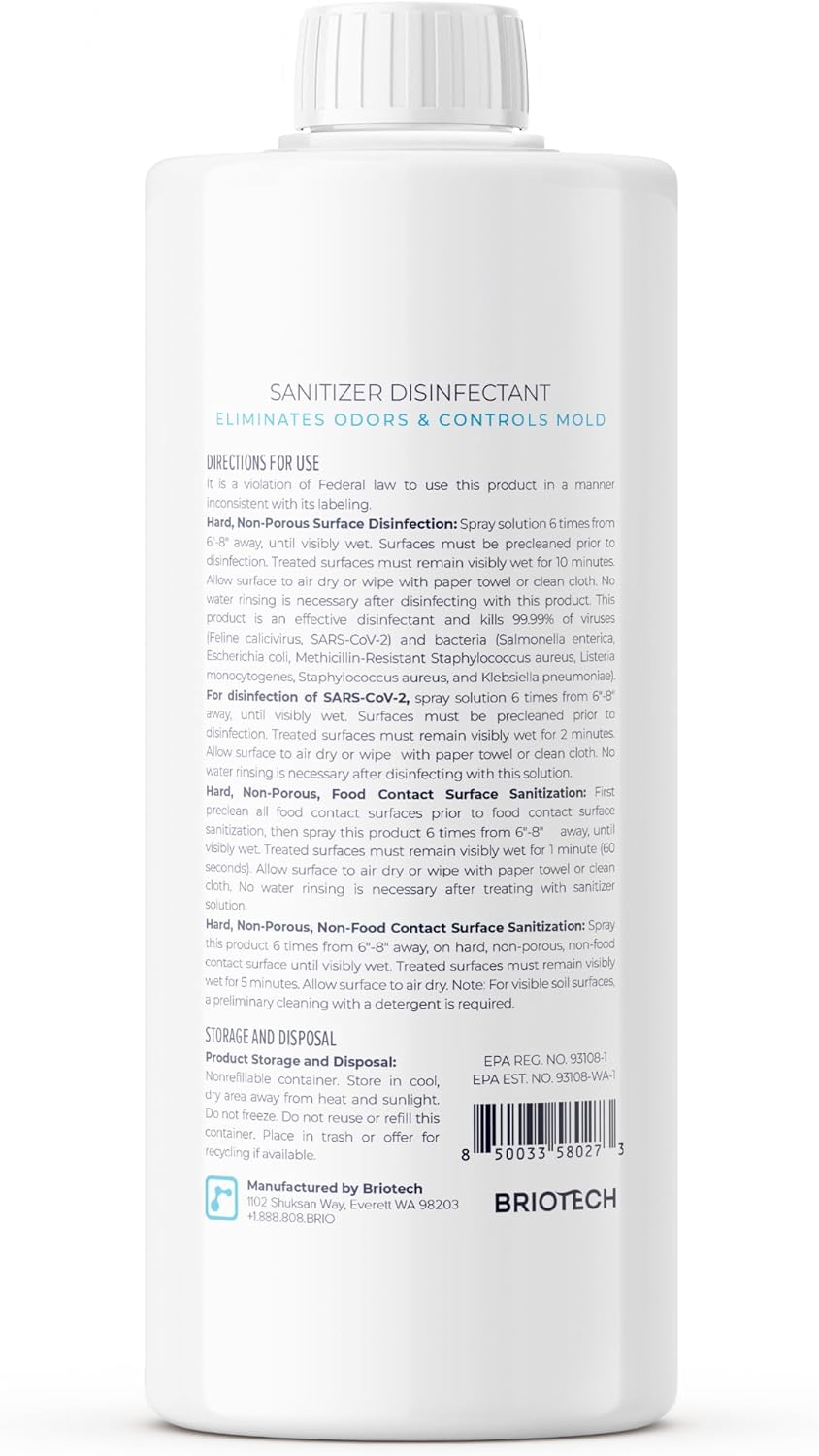 BRIOTECH Sanitizer Disinfectant Hypochlorous Spray, Kill 99.99% of Viruses & Bacteria, Control Mold, Eliminate Odor, Gentle for Nursery & Play Rooms, Food Contact Surface Sanitizer, 32 fl oz