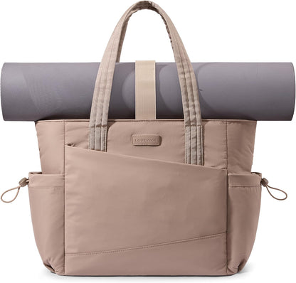 LOVEVOOK Gym Tote Bag for Women, Puffy Yoga Mat Bag with Large Cup Holder & Wet Pocket, Work Nurse Bag for Travel Workout