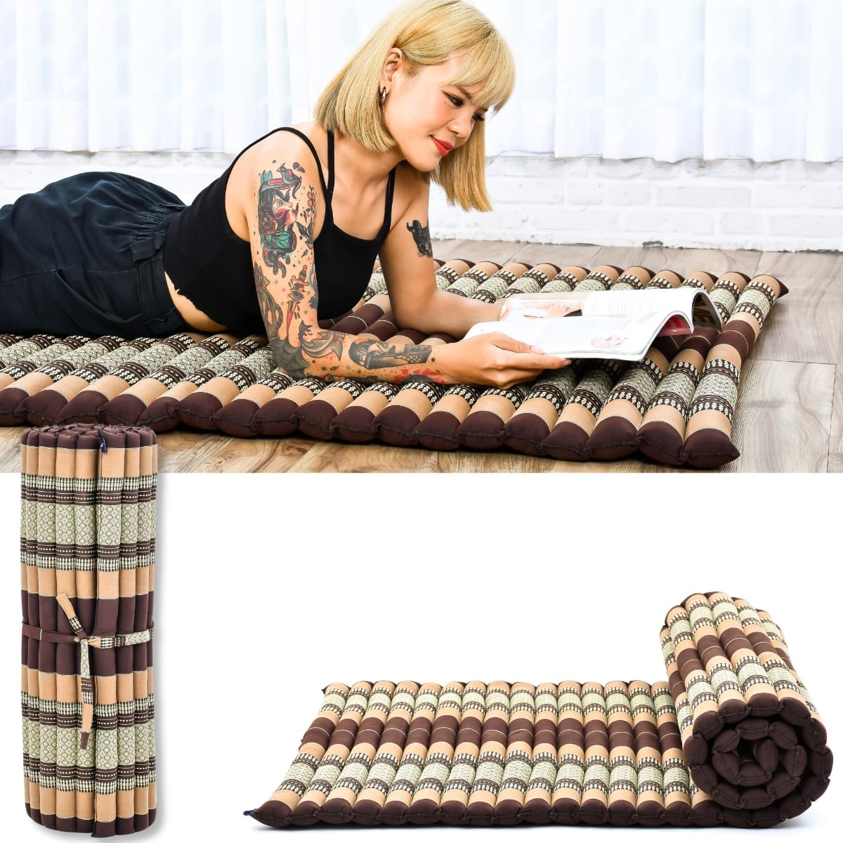 Leewadee - Kapok Roll Mat – Handcrafted Folding Sleep & Relaxation Mattress from Thailand, Ideal as Guest Bed, Camping Mat, Yoga Mat or Traditional Futon, 75 x 39 inches, Anthracite