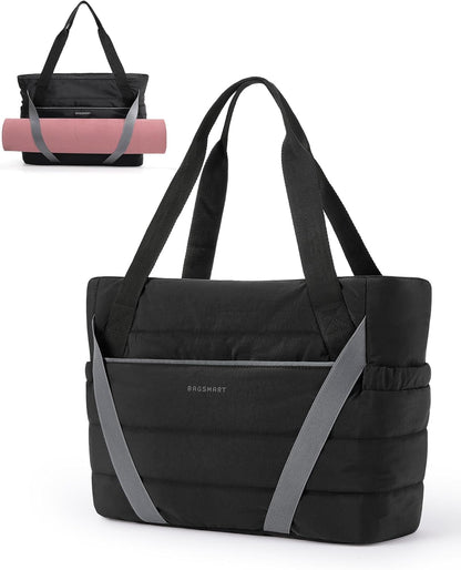 BAGSMART Tote Bag for Women with Zipper and Yoga Mat Straps Quilted Gym Tote for Travel, Work, Sport