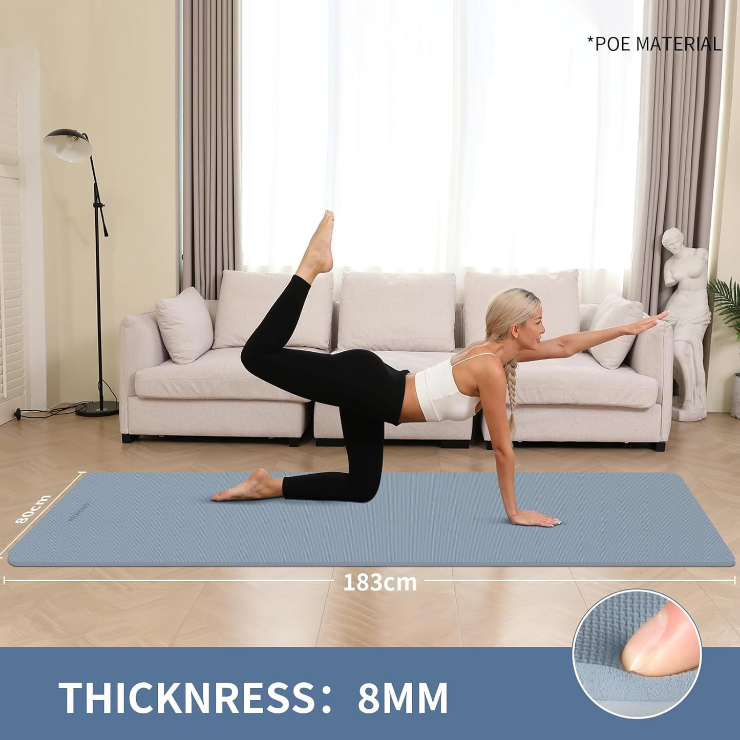 Extra Wide & Thick 8mm Yoga Mat, 72"x31.5" Large Non Slip Exercise Mat, Premium POE Material for Superior Cushioning & Stability, with Strap for Home Gym, Pilates