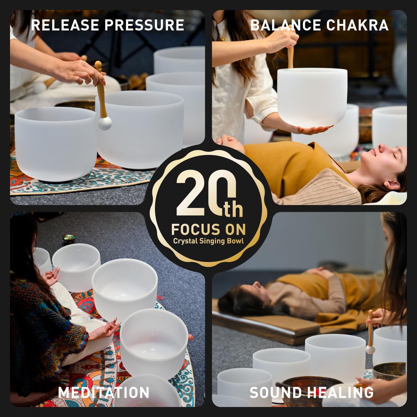 CVNC 432HZ 6-12 Inch Set Of 7 PCS Frosted Chakra Quartz Crystal Singing Bowls for Sound Healing with 2 PCS Travel Carry Case Bag