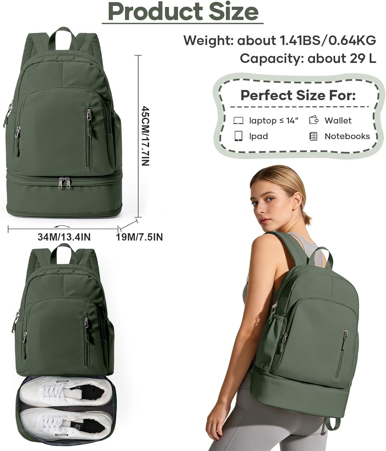 Gym Backpack for Women Men, Dance Backpacks With Shoe Compartment, Sports Back pack For Yoga Fitness Beach Hiking Sports(Green)