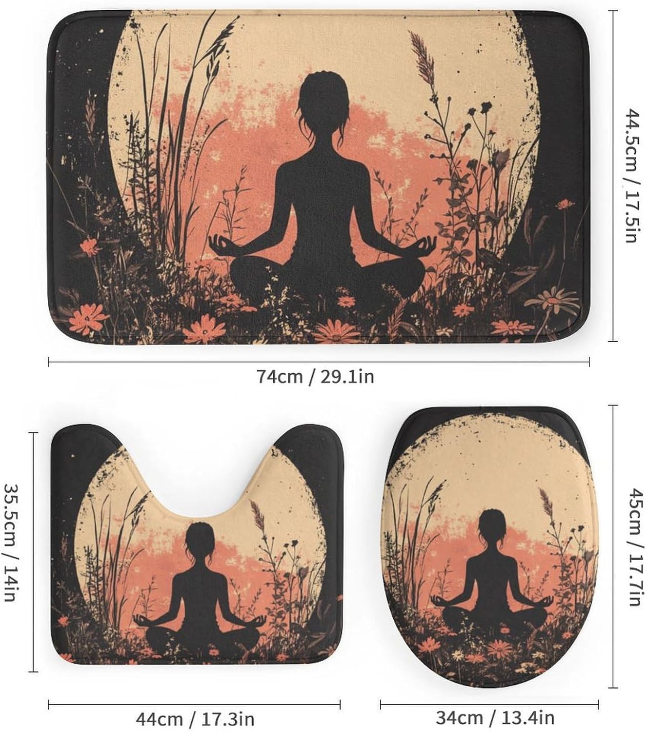 4Pcs Bohemian Yoga Fantasy Shower Curtain Sets, Bath Mat and Rugs, Floral Moon Rustic Art Deco Shower Curtain with Hooks for Bathroom