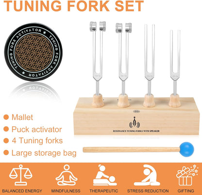 Tuning Forks for Healing Set – Includes 128Hz, 136Hz, 256Hz, 384Hz & Activator, Portable in Red Leather Pouch – Medical Grade Sound Healing Instruments for Chakra, Yoga, and Meditation
