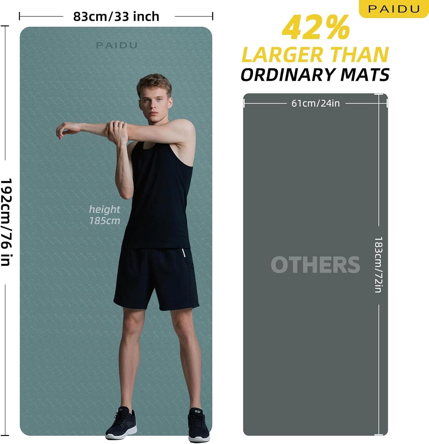 PAIDU Extra Long Wide Yoga Mat 76"x33"x2/5 Inch - Non Slip Thick Exercise Mat for Home Gym, Yoga, Pilates & Workouts