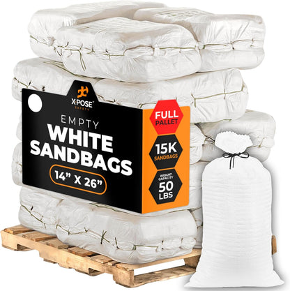Xpose Safety Heavy Duty Sand Bags with Tie Strings – Empty Woven Polypropylene Sandbags for Hurricane Flood Protection, 50 lb Capacity, 14" x 26", White, Pack of 10
