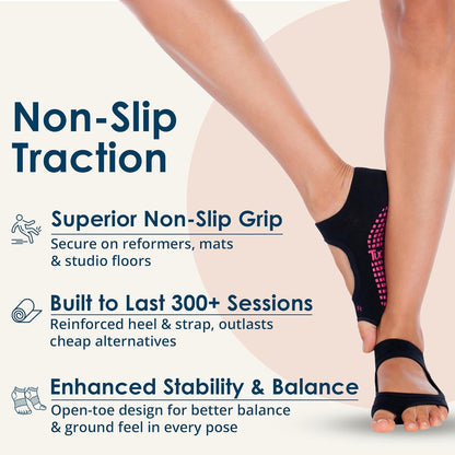 Tucketts Allegro Toeless Pilates Socks with Grips for Women, Non-Slip Open-Toe Grip Socks, Yoga, Barre, Dance, Reformer, Home