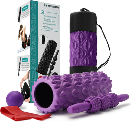 JOYENERGY 5 in 1 Foam Roller Set High Density Foam Roller Patented, Massage Stick, Massage Ball, Resistance Band for Deep Muscle Massage Pilates Yoga, Fitness for Trigger Point Release