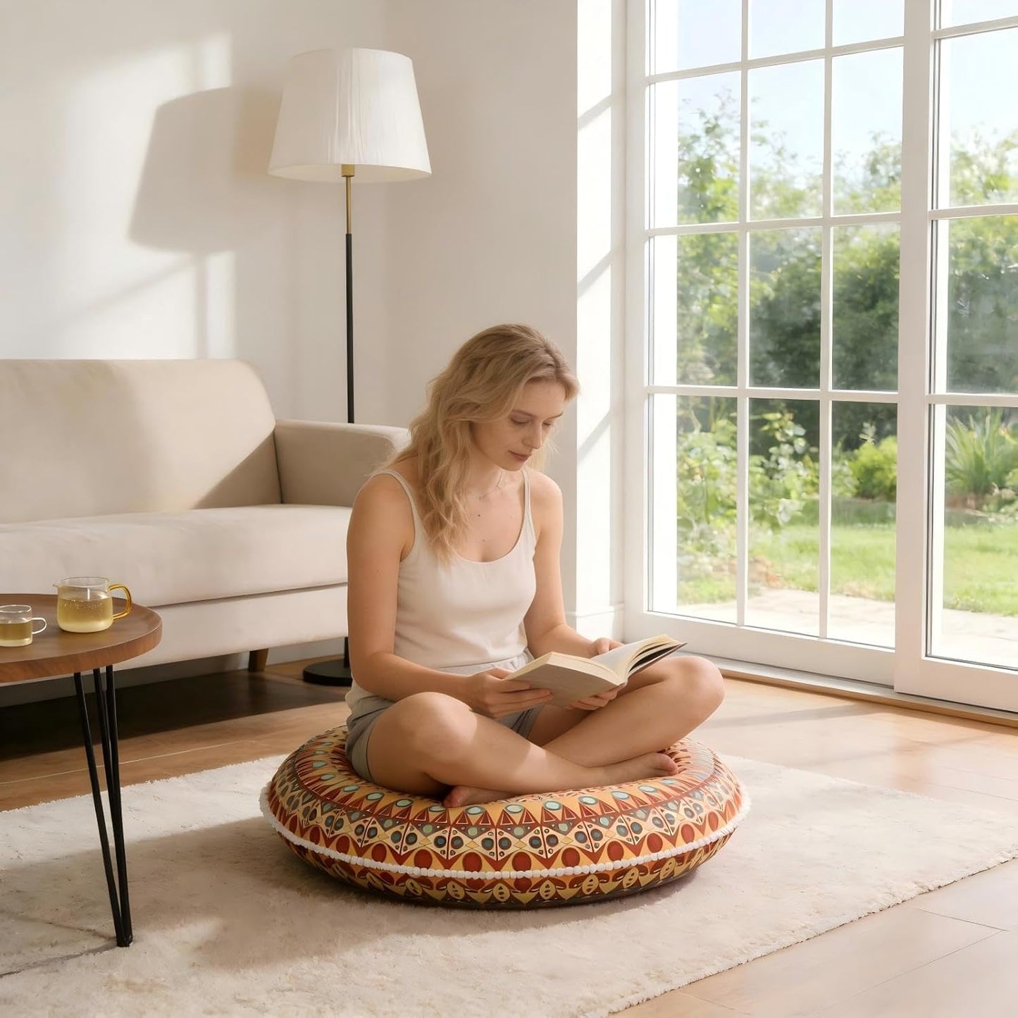 LOVMOC 32 Inch Round Floor Pillow for Adults, Large Thick Memory Foam Boho Mandala Meditation Floor Seating Cushion, Machine Washable for Living Room Outdoor Yoga Floor Sitting, Navy Blue