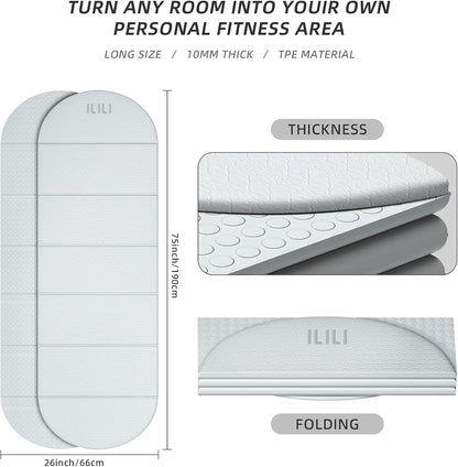 ILILI Foldable Yoga Mat-Semicircular, 10mm Thick, TPE Material, Extra Long 75"L x 26"W, Soft and Comfortable Folding Oval Mat 0.4 Inches, Easy to Carry and Store, 190*66cm Portable Multi-Functional Use for Yoga, Home Exercise & Outdoor