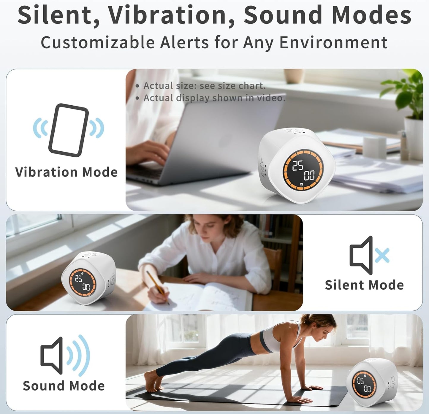 VEWINGL Cube Productivity Timer, 5/10/30/60 Min Presets + Custom Countdown, Silent/Vibrate/Sound Alarm, Pause & Resume, Desk Timer for Work, Study, Tasks, Kitchen