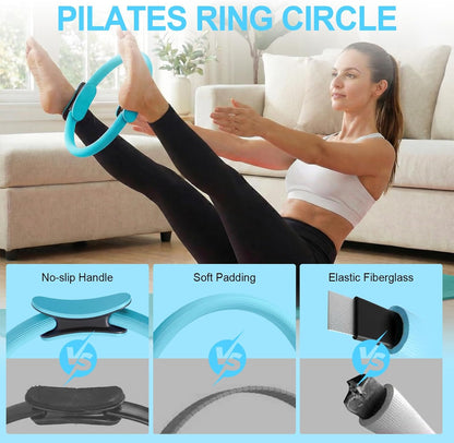 Home Pilates Ring and Ball Set for Women with 5 Resistance Bands 13 inch Magic Circle Workout Starter Kit for Beginners Full Body Toning 15 Min Daily Routine