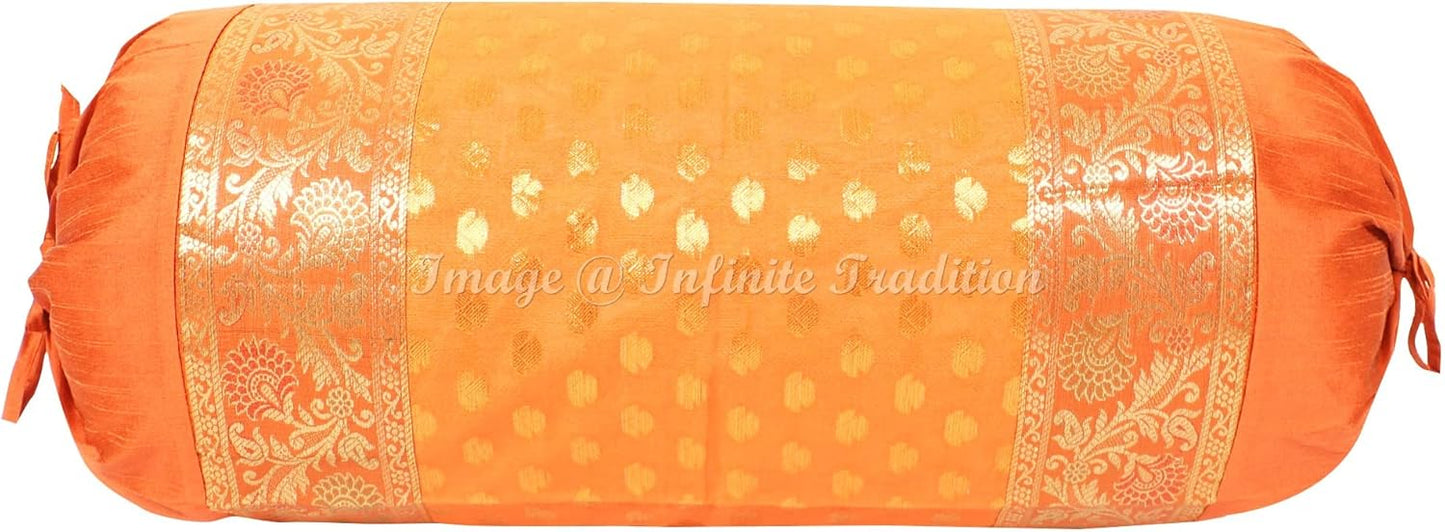 Indian Jacquard Brocade Weave Silk Bolster Tube Pillow Cover Cylindrical Orange Yoga Couch Round Cushion Cover Home Décor Living Room Small Leaves Throw Cushion Cover 30x15 inch, 76x38cm -1 Pc.
