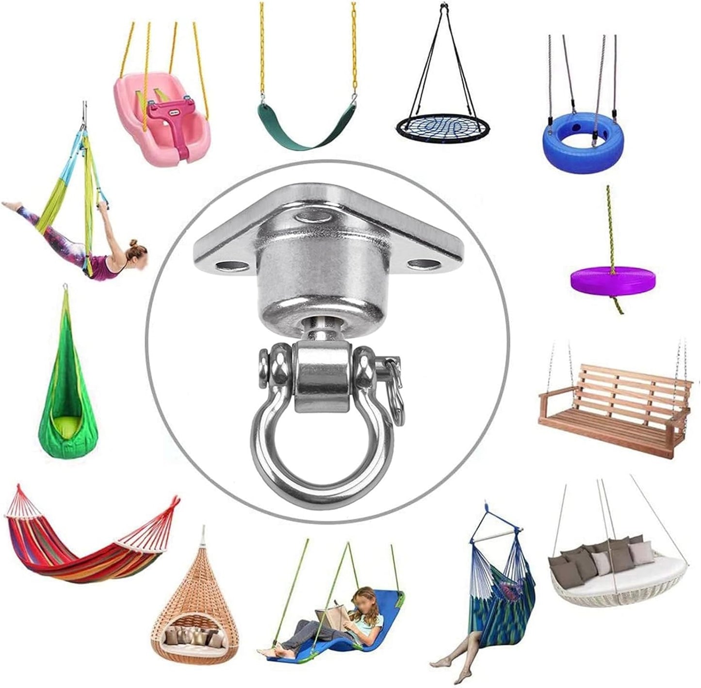 Silent Bearing Swing Hanger Heavy Duty, SUS Rust Proof, 1500LB Capacity 360 Degree Rotation, Playground Porch Yoga, Sandbag, Gym (3 Wooden Screws)