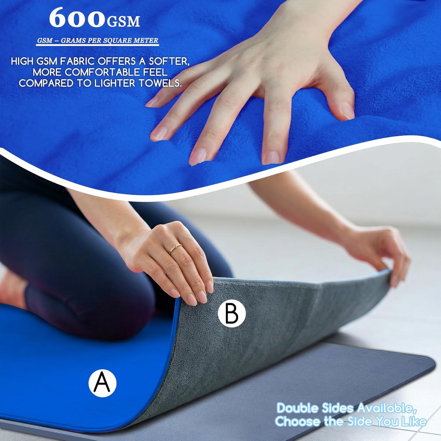 Yoga Mat Towel, Extra Thick (600GSM) Soft Hot Yoga Towel, Non-Slip and Sweat Absorbent for Hot Yoga, Bikram, Pilates, and Fitness, 72" x 27.5", Dual-Color, Grey/Pink