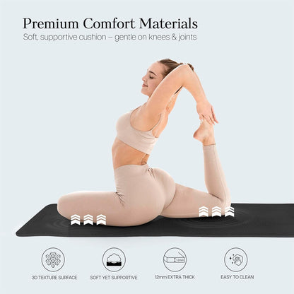 Extra Thick 12mm Exercise Mat – Non-Slip, Joint-Friendly & Cushioned Fitness Mat for Yoga, Pilates & Floor Workouts – Durable, Supportive & Includes Feetlu Classic Strap