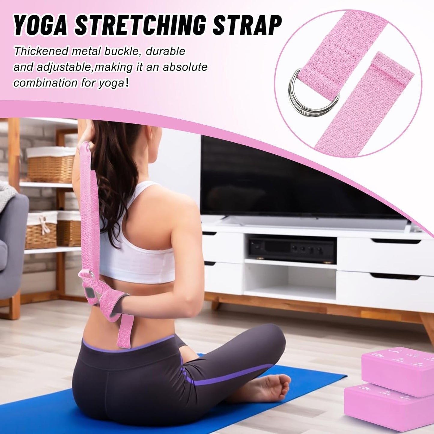 RETON 2 Pack Yoga Blocks and 2 Yoga Straps Set, Soft Non-Slip Yoga Block for Pilates, High Density EVA Foam Yoga Brick with Yoga Strap for General Fitness, Stretching, Improve Strength and Flexibility