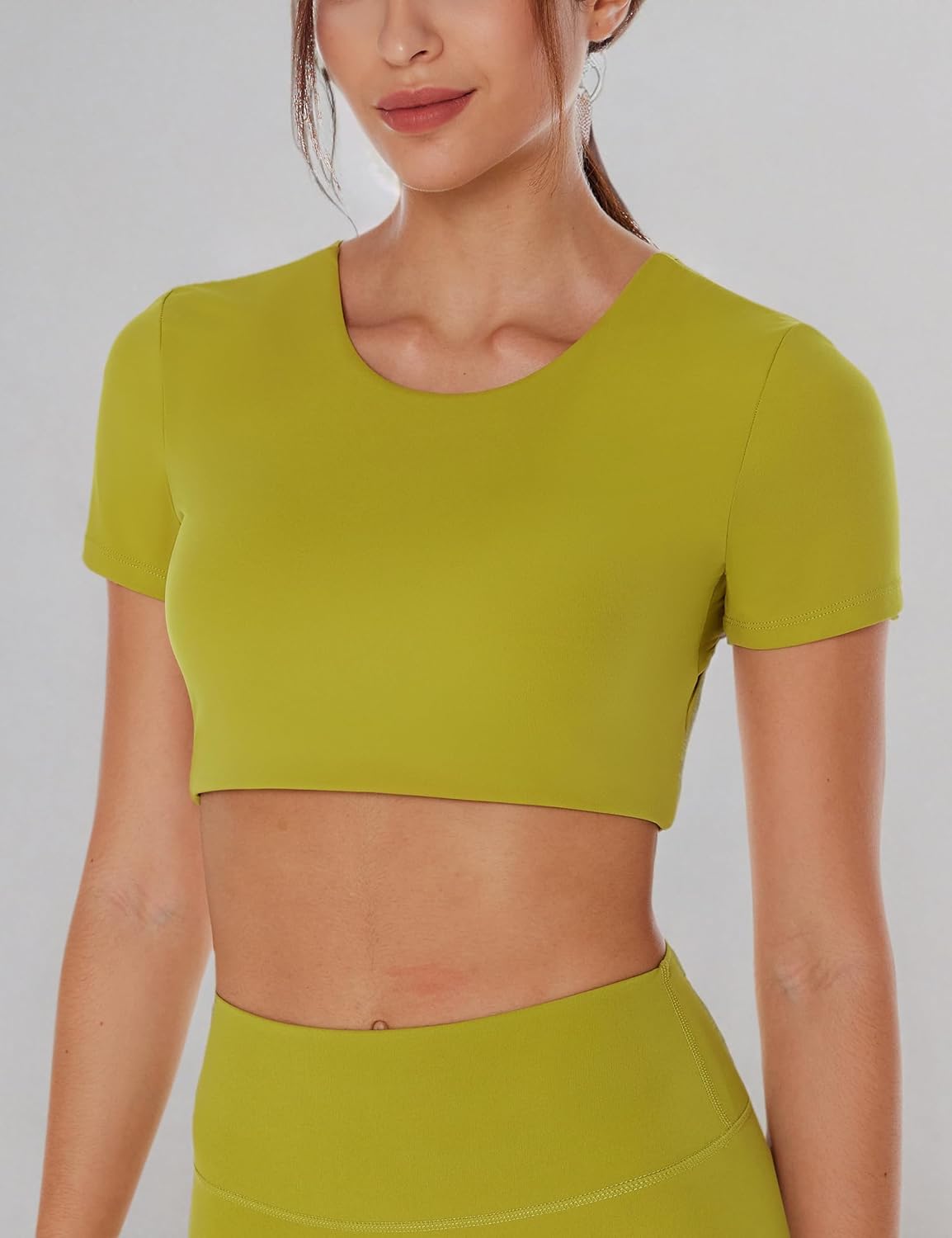 ENERBLOOM Open Back Workout Crop Tops for Women Backless Yoga Shirts Gym Short Sleeve Mild Support Compression Tee with Bra