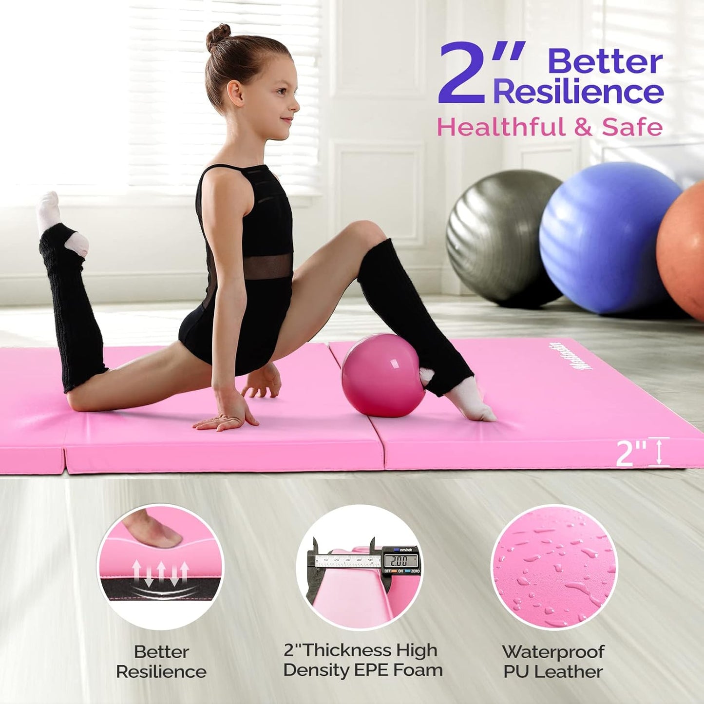Matladin 6' Folding Tri-fold Gymnastics Gym Exercise Aerobics Mat, 6ft x 2ft x 2in PU Leather Tumbling Mats with Hook & Loop Fastener for Stretching Yoga Cheerleading Martial Arts