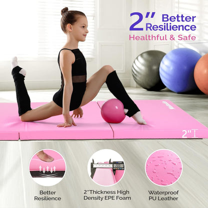 Matladin 6' Folding Tri-fold Gymnastics Gym Exercise Aerobics Mat, 6ft x 2ft x 2in PU Leather Tumbling Mats with Hook & Loop Fastener for Stretching Yoga Cheerleading Martial Arts